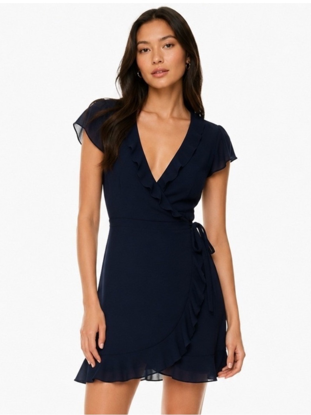 Aritzia Navy Wrap Mini Dress with Ruffle Trim